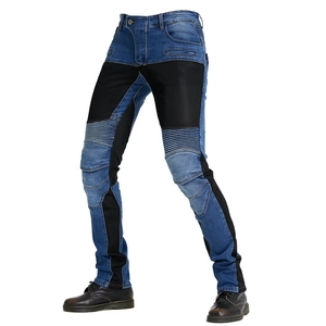 Jeans da moto per uomo con inserti protettivi neri e pieghe rinforzate sulle ginocchia