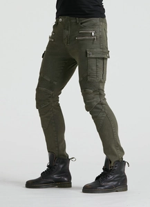 Detail view of military green motorcycle pants with knee pleats and tactical zippers