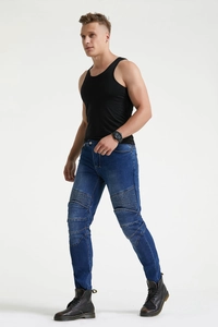 Blauwe slim fit motorjeans voor heren met accordeon stretchpanelen op de knieën