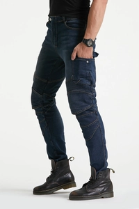 Detail view of motorcycle jeans with ribbed knee panels and protective side cargo pockets