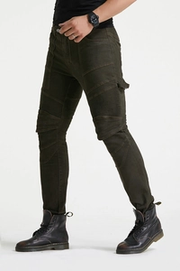 Men's olive green motorcycle pants with protective biker panels and utility side hardware