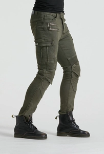 Detail of army green motorcycle pants with ribbed knee guards and metal zipper pockets