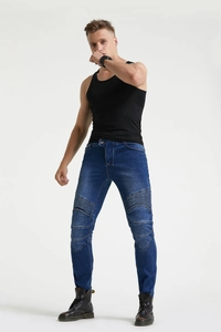 Heren motorjeans in donkerblauw slim fit met versterkte geplooide kniepanelen
