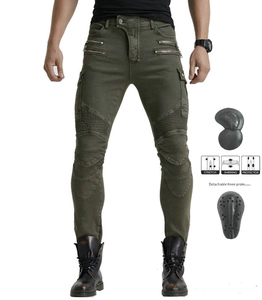 Detail view of military green motorcycle jeans with stretch panels and removable knee protectors