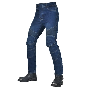 Deep blue motorcycle riding jeans featuring accordion stretch panels and armor pocket details