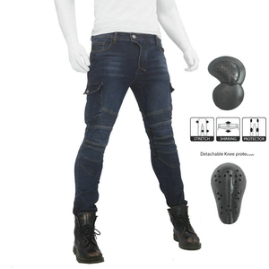 Detail of motorcycle riding jeans featuring shirring stretch panels and knee protection pads