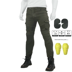 Detail of olive motorcycle pants featuring stretch panels and detachable knee protectors