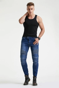 Blauwe motorjeans voor heren met beschermende knieplooien en stretchpanelen