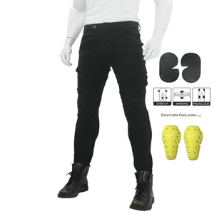 Detail of motorcycle riding jeans with knee stretch panels and removable armor pads
