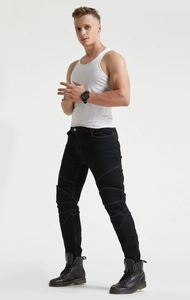 Slim-fit motorjeans met geribbelde elastische panelen en meervoudige stiksels