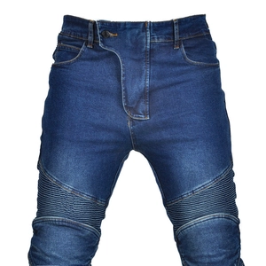 Dark blue high-stretch motorcycle jeans with moto pleats and straight-leg denim cut