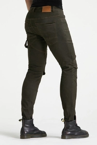 Detail of dark olive motorcycle pants featuring accordion stretch panels and cargo pockets