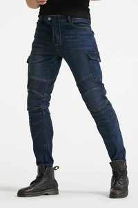 Detail of blue motorcycle jeans featuring elastic knee pleats and a cargo flap pocket