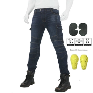 Detail of motorcycle riding jeans with protective pads and stretch shirring knee design