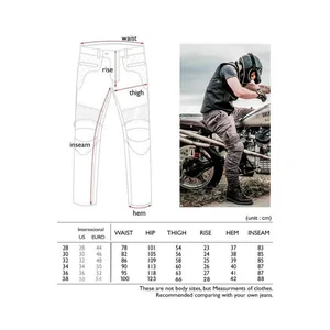 Size chart and measurement guide for Kevlar motorcycle riding jeans for men and women