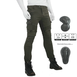 Detail of army green motorcycle jeans showing stretch shirring and knee protectors