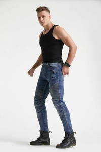 Slim-fit biker motorcycle jeans in blue vintage denim with knee accordion pleats