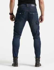 Detailed back view of motorcycle jeans with protective stretch panels and cargo pockets