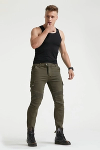 Army green slim fit motorcycle riding pants with reinforced knee pleats and side cargo pockets