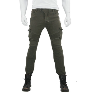 Detail of army green motorcycle cargo pants with ribbed knee panels and side pockets