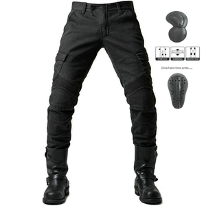 Detail of stretch motorcycle jeans with accordion shirring and detachable knee protectors