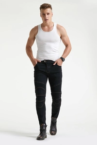 Slim-fit zwarte motorjeans voor heren met geplooide kniedetails en bikerstijl look