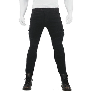 Detailed view of black motorcycle jeans with pleated knees and side cargo pockets