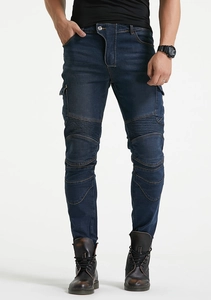 Detail view of biker denim jeans with flexible pleated knees and large side cargo pockets