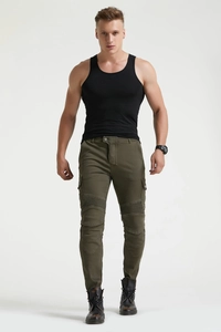 Men's olive green motorcycle cargo pants with protective knee pleats and slim fit style