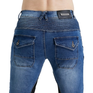 Jeans da moto blu con pannelli elasticizzati a fisarmonica e tasche posteriori protettive