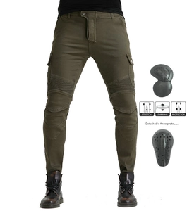 Army green motorcycle cargo pants detail showing stretch shirring and knee protectors