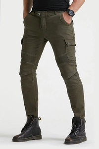 Men's slim-fit army green motorcycle riding jeans with reinforced knee protective padding