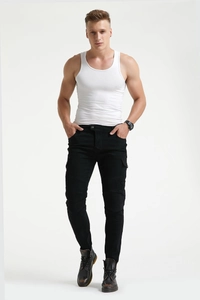Detail of motorcycle riding jeans with reinforced knee pleats and side cargo pockets