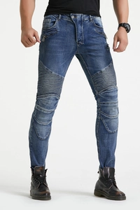 Slim fit retro motorcycle jeans in dark blue with pleated knee details and stretch fabric