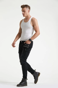Slim fit black motorcycle cargo jeans with knee pleats and tactical zipper pockets