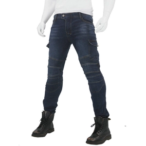 Detailed view of motorcycle riding jeans featuring knee pleats and cargo pockets in navy