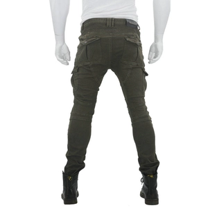 Rear view of men's olive green motorcycle riding jeans with protective knee pleats