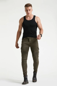 Men's motorcycle protective riding jeans in olive green with ribbed knee armor pads