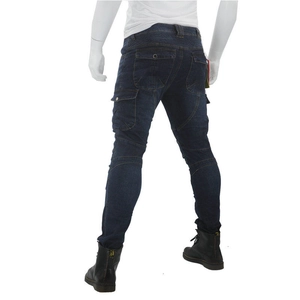 Detail of blue motorcycle riding jeans featuring cargo pockets and knee pleated texture