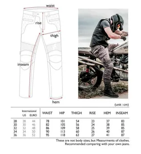 Detailed size chart for men's waterproof motorcycle riding jeans with measurement guide