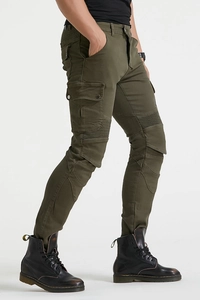Detail of olive green tactical riding pants with reinforced pleated knees and side pockets