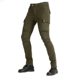 Detail of military green motorcycle cargo pants with pleated knees and side flap pockets