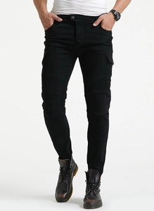 Men's black motorcycle riding jeans with protective ribbing and functional cargo pockets