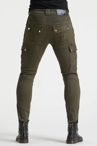 Detail view of army green motorcycle cargo pants with pleated stretch panels and pockets