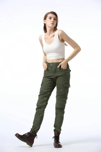 Women's army green motorcycle cargo pants with pleated knee panels and utility pockets