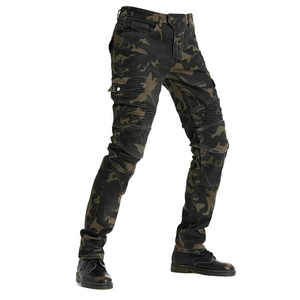 Men's camouflage motorcycle cargo pants with ribbed knee panels and side pockets