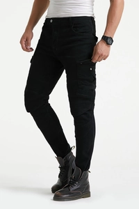 Men's slim-fit black motorcycle cargo pants with knee stitching and protective pads