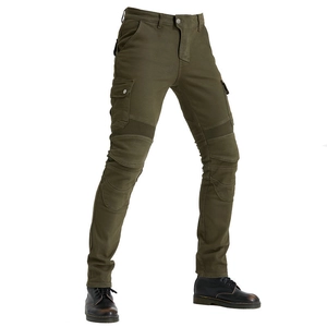 Detail of army green motorcycle cargo pants showing reinforced knee pleats and large pockets