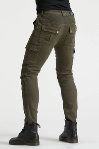 Rear view of army green motorcycle jeans with protective accordion panels and multi-pockets