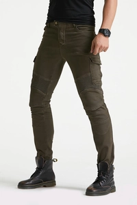 Detail of army green motorcycle cargo jeans featuring knee pleats and side flap pockets